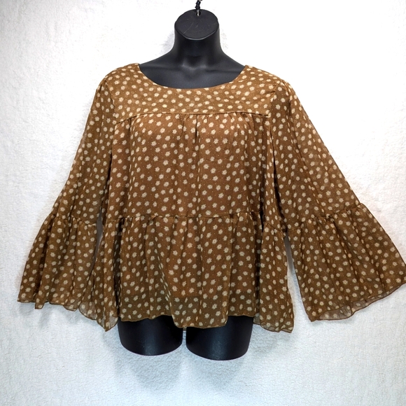 Hayden Los Angeles Daisy Layered Peplum Bell Long Sleeve Tunic Blouse Brown - Picture 1 of 6